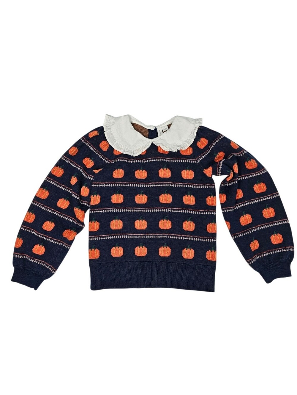 Janie And Jack Navy Orange The Pumpkin Sweater Ruffled Peter Pan Collar Girl's 7